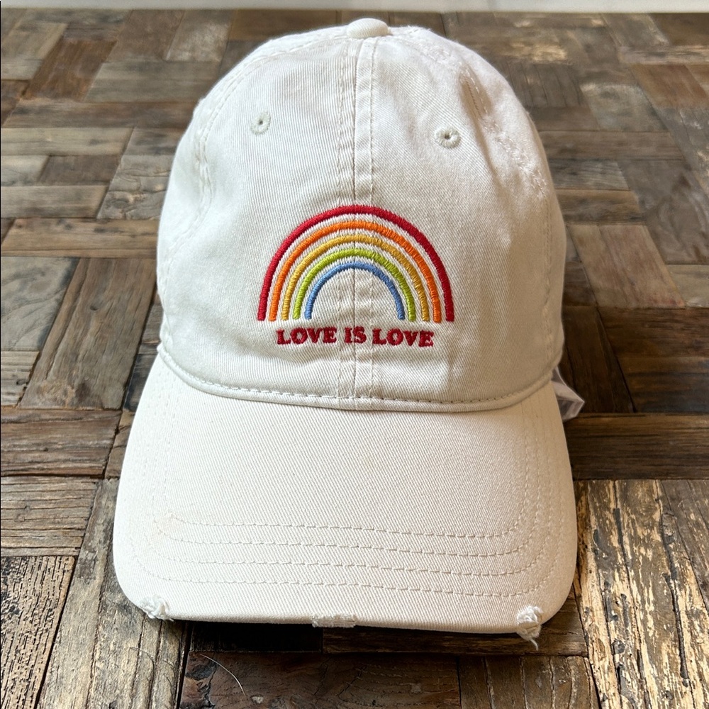 aerie White Baseball Cap with Rainbow "Love Is Love" Embroidery